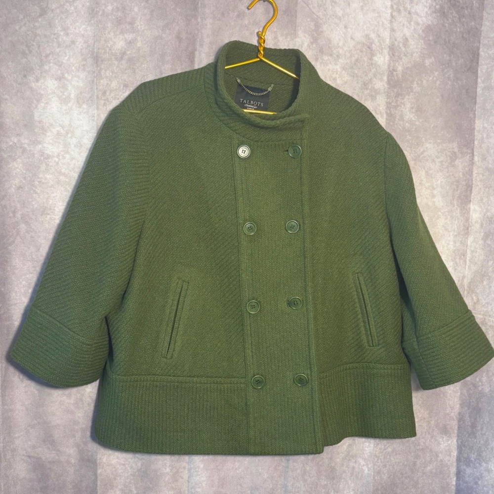 Talbots Pea Coat Wool Blend Women Plus Size 24W Olive Green Mock Nek